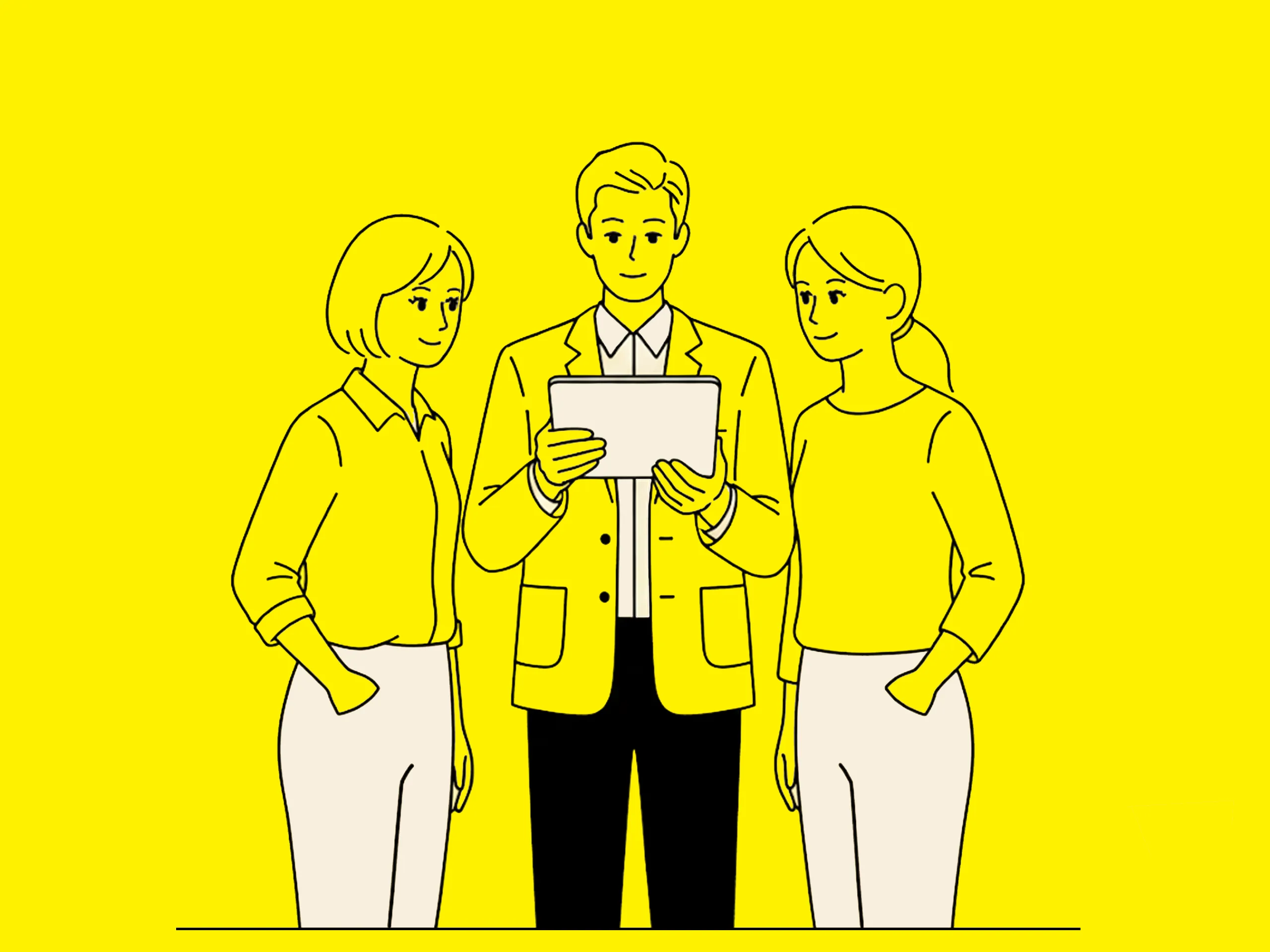 Illustration eines Mannes und zweier Frauen, die gemeinsam auf ein Tablet schauen
