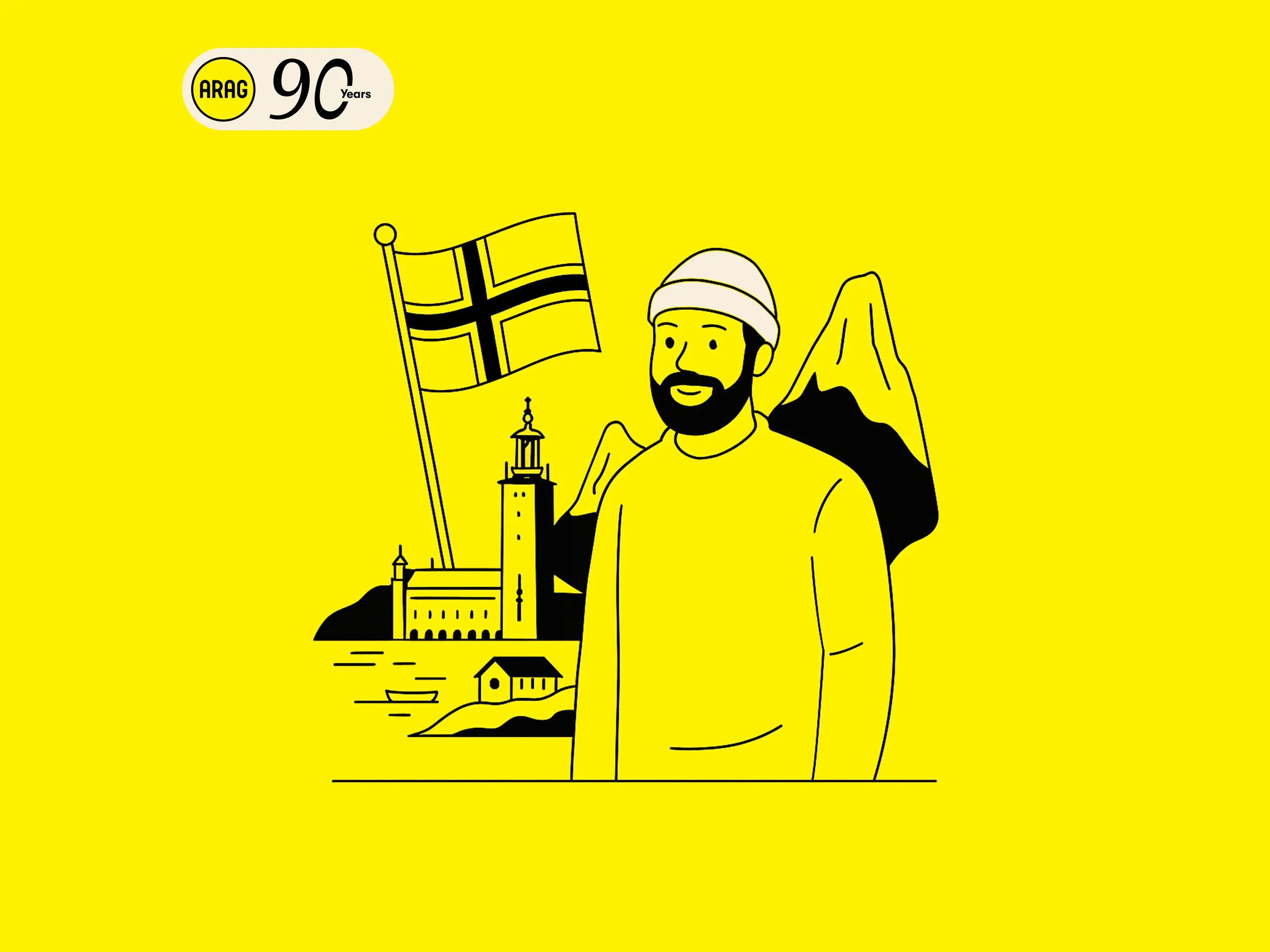 Illustration mit ARAG 90 Jahre Logo, norwegischer Flagge, Fjord und Bergen.