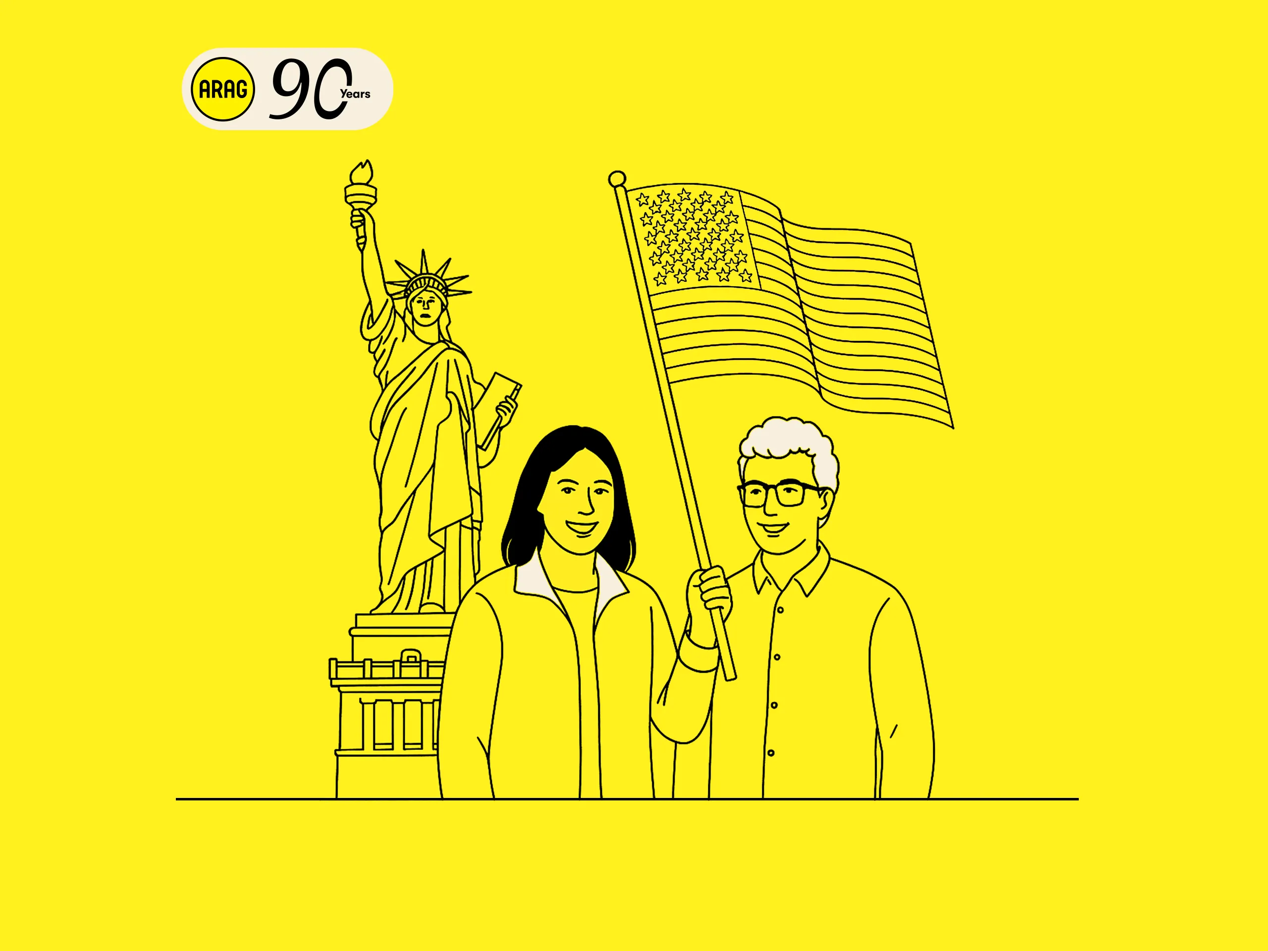 Illustration mit ARAG 90 Jahre Logo, US-Flagge und Freiheitsstatue.